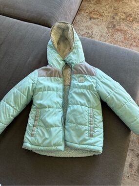 Kids Light Aqua Hooded Puffer Jacket with Sherpa Lining